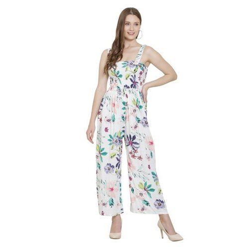 White Full Length Rayon Ladies Floral Print Jumpsuit