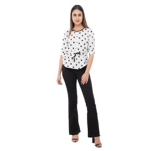 Ladies Casual Georgette Dot Printed White Top