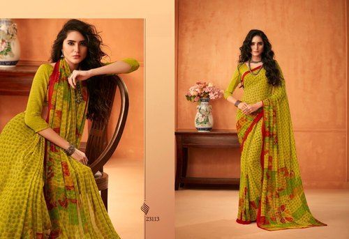 Attractive Embroidered Chiffon Saree with Floral Print