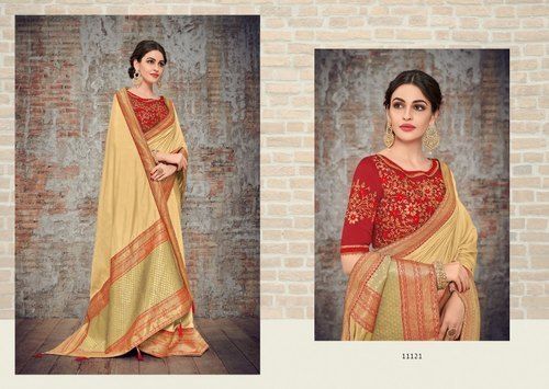 Multi Color Border Embroidery Work Synthetic Silk With Jacquard Saree