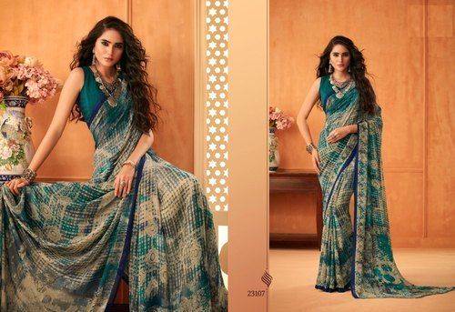 Ladies Embroidered Chiffon Saree with Floral Print