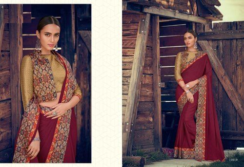 Plain Party Wear Border Maroon Color Chiffon Saree With Koti