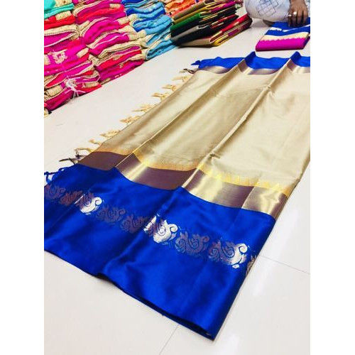 Cream Color Cotton Silk Party Wear Saree with Blue Border