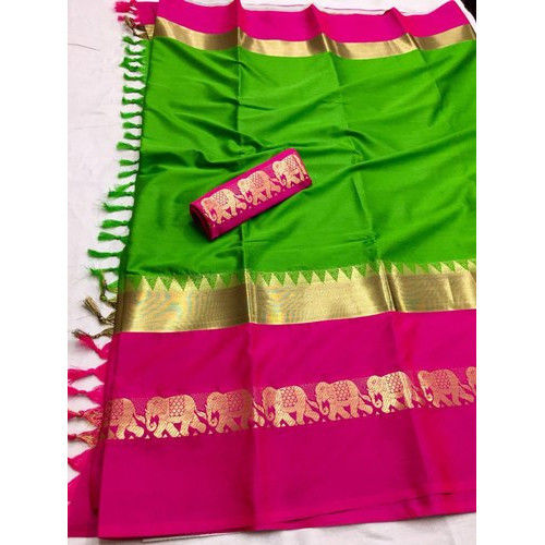 Green Color Temple Border Cotton Silk Saree With Pink Blouse