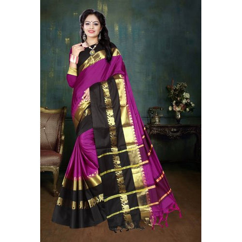 Dark Pink Party Wear Temple Border Cotton Silk Saree With Blouse