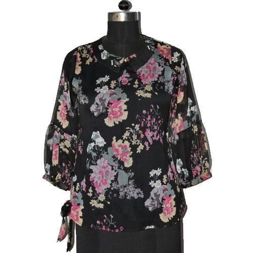 Black Floral Printed Georgette Top Size: M To 4Xl