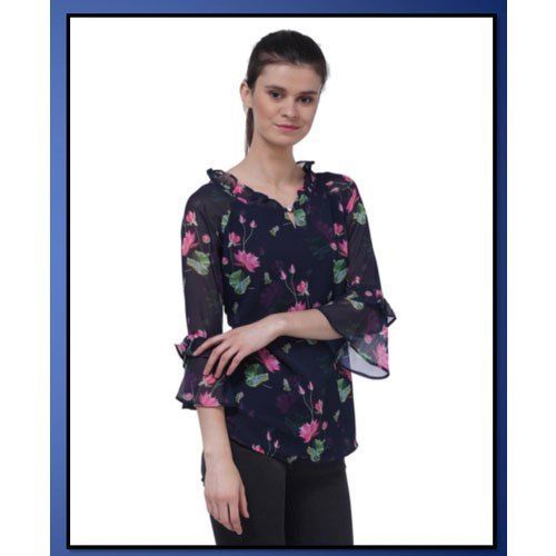 Georgette Party Wear Black Western Printed Top Size: M To 4Xl