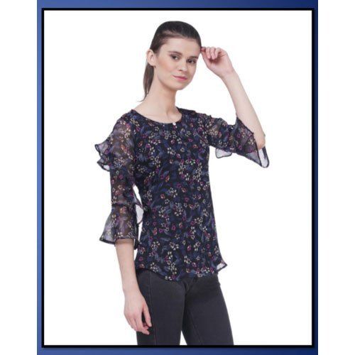 Black Casual Wear Chiffon 3/4Th Sleeves Girls Printed Top