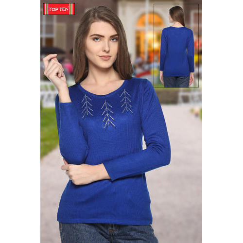 Plain Ladies Blue Round Neck Full Sleeves Designer Top