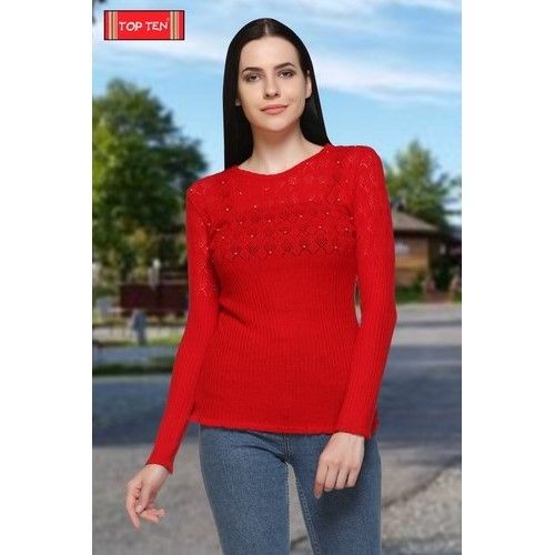 Plain Ladies Red Fancy Woolen Top