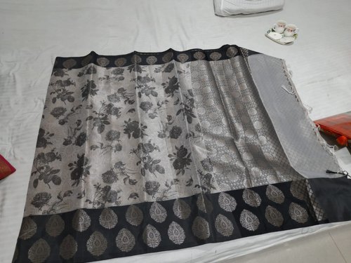 Party Wear Grey Kora Silk Banaras Border Saree