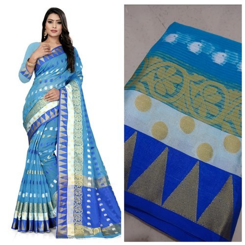 Nylon And Silk Mixed Blue Traditional Saree