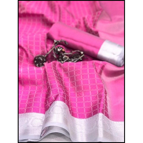 6.3m Banarasi Kora Muslin Pink Color Saree with Blouse Piece