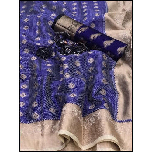 Blue Color 6.3m Banarasi Kora Muslin Saree With Blouse Piece