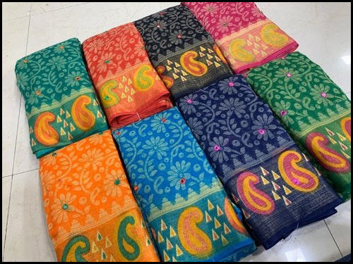 Multi Color Available 6.3M Aari Mirror Work Casual Wear Cotton Printed Sarees With Blouse Piece