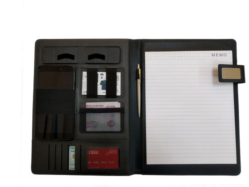 Black Leather Conference Folder With Multi Utility Pockets