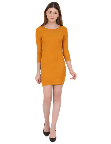 Plain Women'S Stretchable Body Cone Dress Mustard