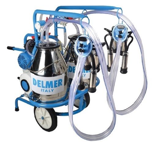 White & Blue Double Bucket Milking Trolley