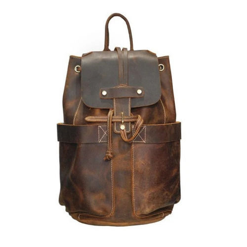 Brown Leather Drawstring Bucket Backpack