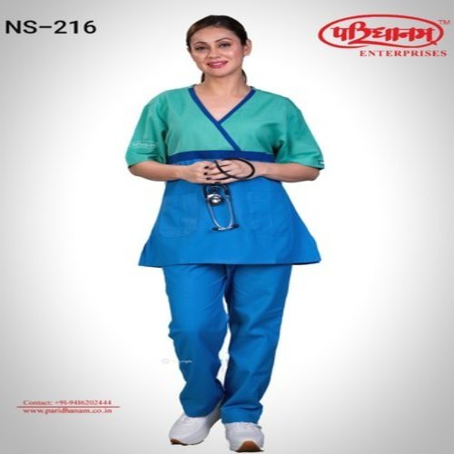Unisex Hospital Staff Wear - Trovine Fabric, Medium Sleeve V-Neck Design | Green/Blue Color, 2 Waist Pockets, Normal Fit, Handwash Care