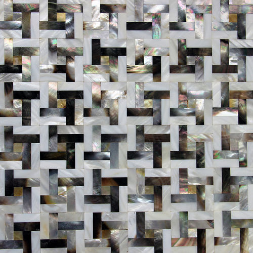 Square Edge Herringbone Black Lip And White Shell Mosaic Tiles