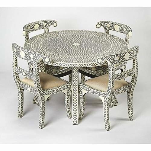 Round Bone Inlay Dining Table With Four Chair Set