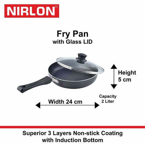 Nirlon Induction Frying Pan With Glass Lid Interior Coating: 5 Layer Nonstick Spray Coated
