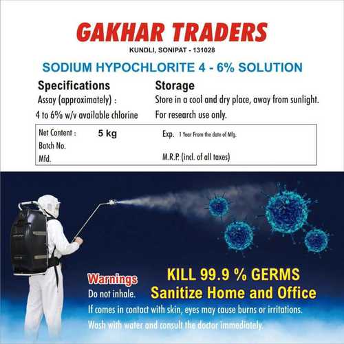 Sodium Hypochlorite 4 To 6 % Application: Industrial