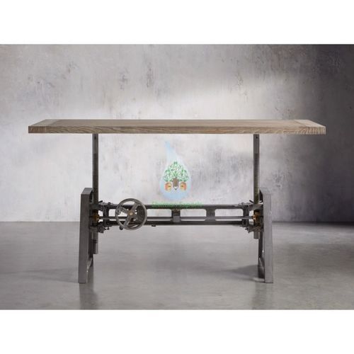 Height Adjustable Cast Iron Crank Dining Table with Solid Wood Top
