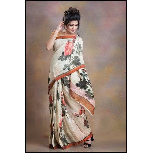 Party Wear Digital Printed Digital Silk Linen Saree with Blouse Piece