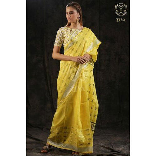 Party Wear 5.5Metres Jamdani Weaving Jamdani Buttas Yellow Linen Saree