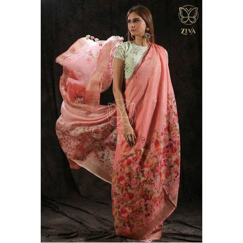 Party Wear Pink Floral Print Linen Saree