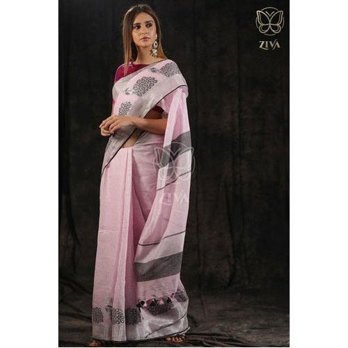 Party Wear Jacquard Motifs Woven Border Linen Saree