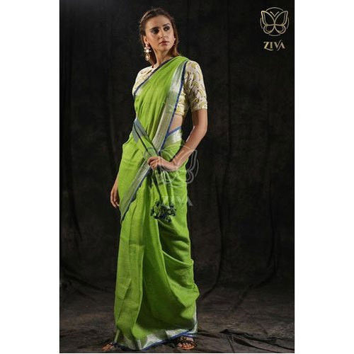 Silver And Blue Border Green Linen Saree