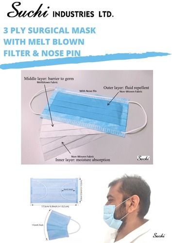 Blue 3 Ply Surgical Mask With Melt Blown Filter And Nose Pin