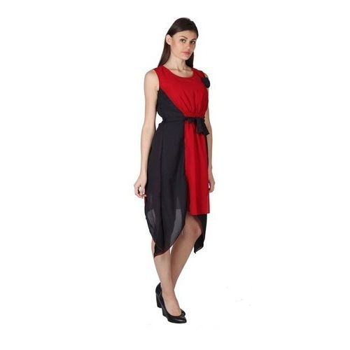 Red And Black Plain Ladies Trendy Dress