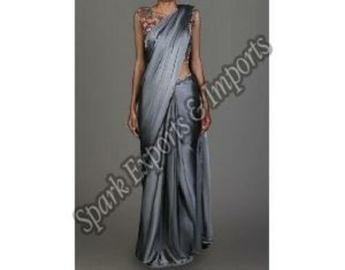 Party Wear Gray Satin Silk Saree