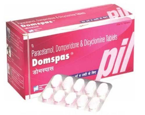 Domspas Tablet - 20x10 Tablets | Paracetamol 500 mg, Domperidone 10 mg, Dicyclomine Hydrochloride 10 mg, Prescription Required, Antispasmodic Action