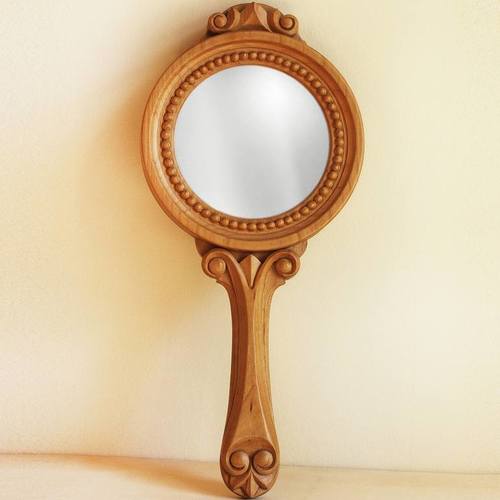 Wooden Frame Hand Mirror - Polished Wood, Round Shape, Splendid Quality Glass | Attractive Look for Cosmetics Use