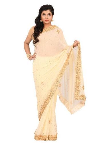 Embroidered Beige Heavy Border Georgette Saree