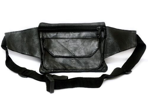 Black Genuine Sheep Leather Two Zipper Waist Bag