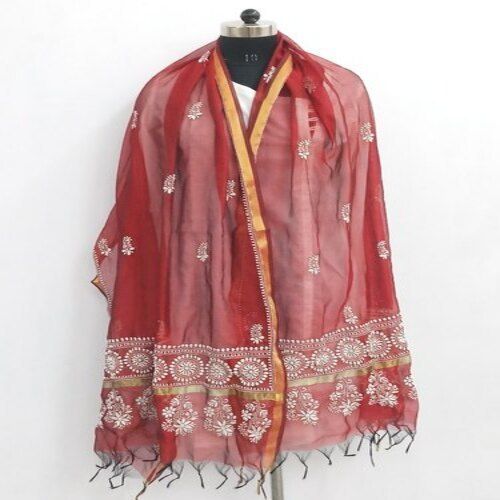 Hand Embroidered Chikan Work Chanderi Dupatta