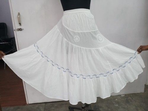 White Women Chikan Lucknowi Hand Embroidered Long Skirt