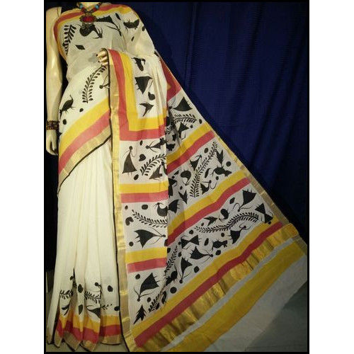 Party Wear Bengal Handloom Hand Painted Cotton Saree In Women Dance Print