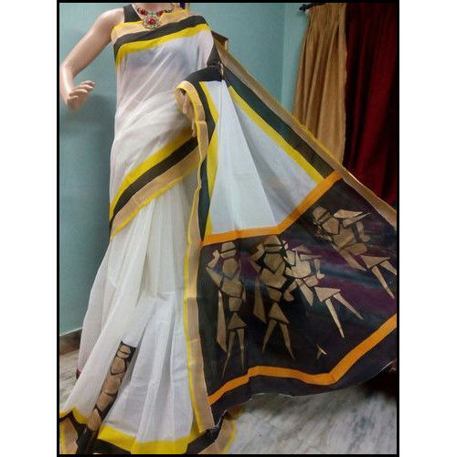 Party Wear Bengal Handloom Hand Painted Cotton Saree In Wood Putul