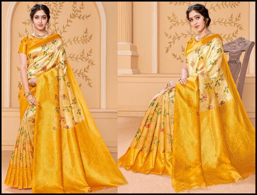 6.3m Printed Banarasi Saree With Blouse Piece For Ladies