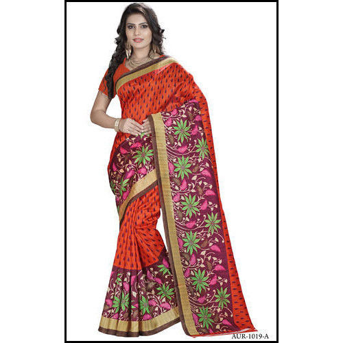 Orange Silk Floral Print Bhagalpuri Saree For Indian Women