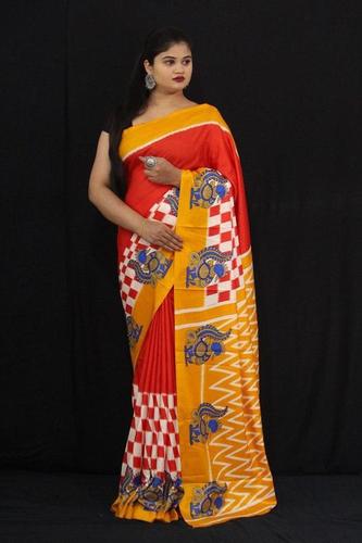 Beautiful Semi Handloom Linen Chanderi Saree With Pochampally Kalmkari And Running Blouse