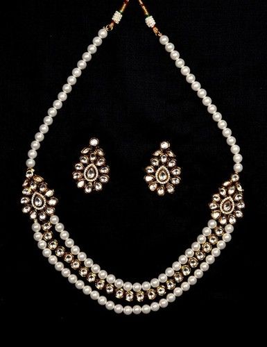 Kundan Pearl Necklace Set  Charm Earrings