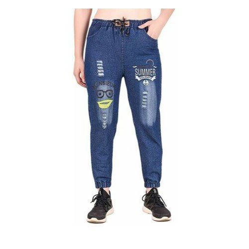 Blue Printed Denim Jogger Jeans For Ladies